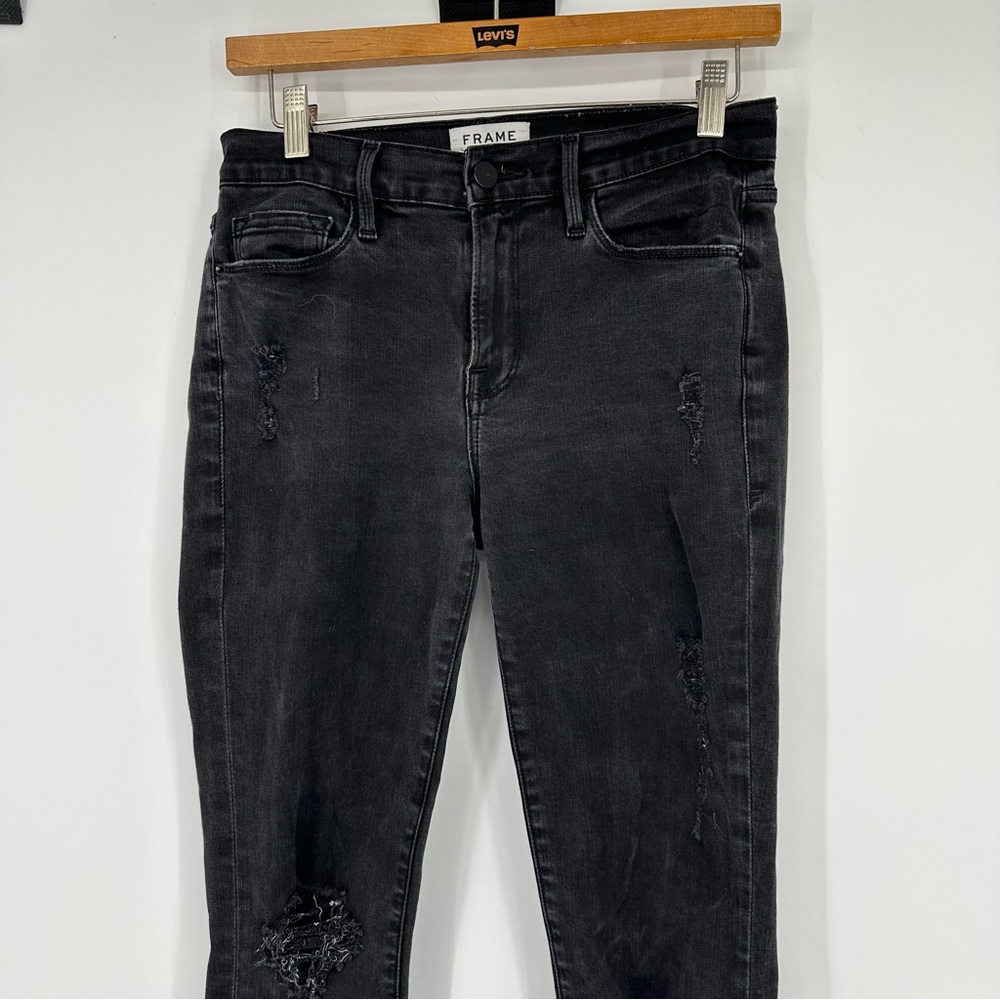 Frame Le Skinny De Jeanne Black Distressed Raw Hem Skinny Jeans Sz 28 - Picture 2 of 7